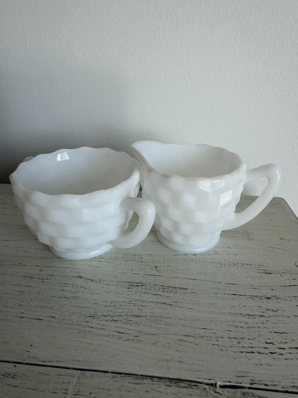 Vintage Jeanette Milk Glass Textured Cube Sugar And Creamer Set